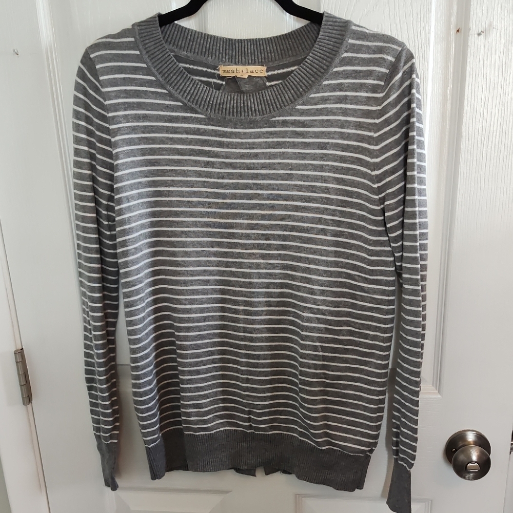 Gray and White Striped Sweater with back cutouts